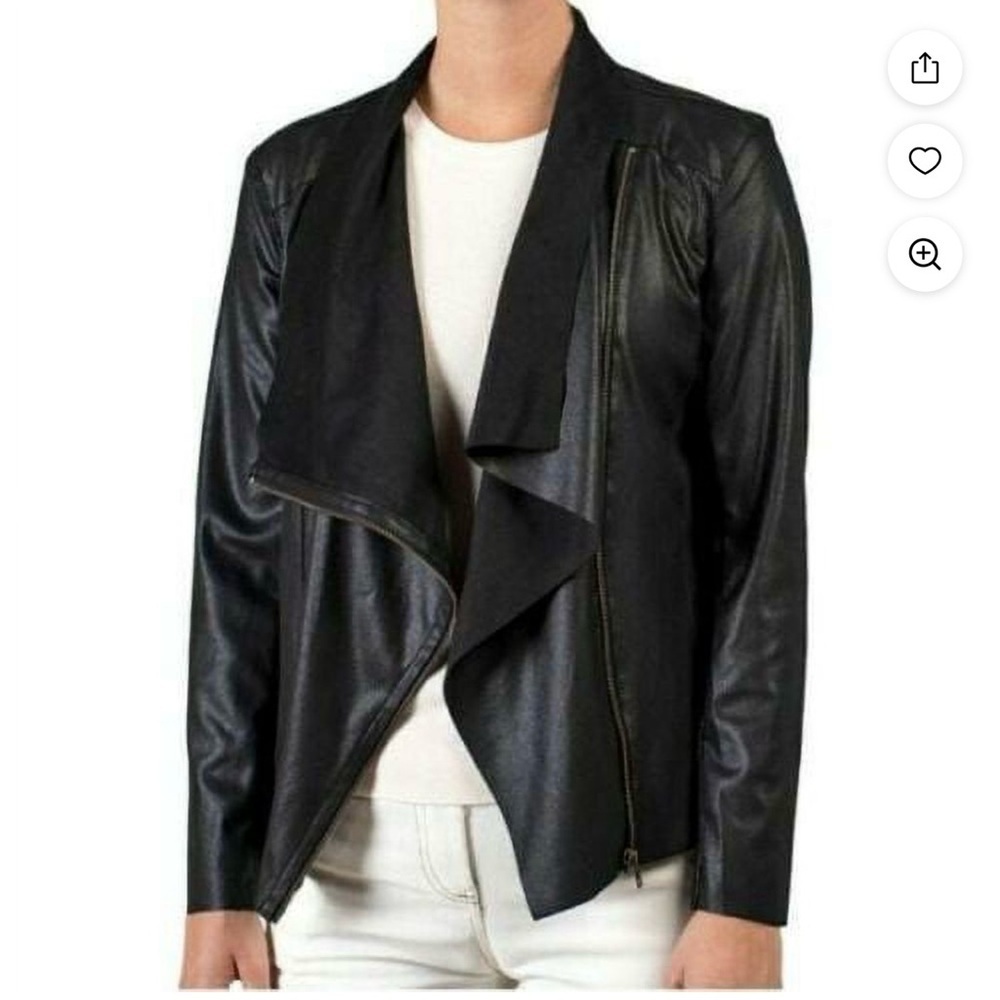 NWT Women’s Black Faux Leather Waterfall Open Front Jacket Size XL